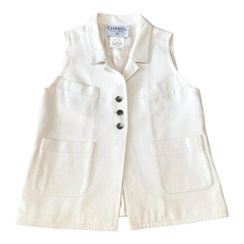 Chanel Boutique Authentic Vintage White Textured Cotton 3 Button Vest Women’s 38